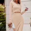 PRETTYGARDEN Women's Long Sleeve Midi Bodycon Dresses Casual Crewneck Cut Out Ribbed Knit Fitted Pencil Dress (Apricot)