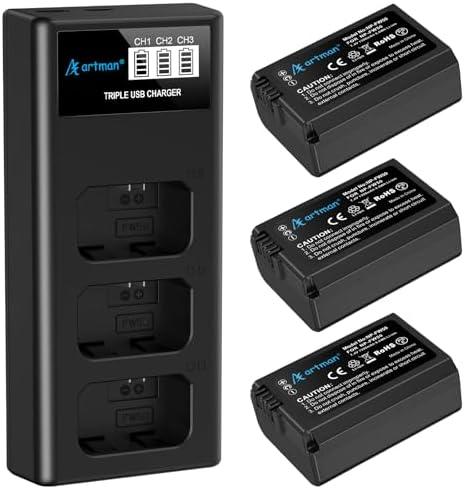 Artman NP-FW50 Battery 3-Pack and Upgraded 3-Slot ZV-E10 Battery LCD Charger for Sony ZV E10, Alpha A6500 A6400 A6300 A6000 A5100 A5000, A7S II, A7S, A7R II, A7R, A7 II, A7, RX10 II III IV Cameras