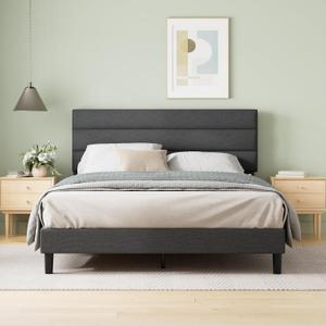 Zinus King Piper Upholstered Platform Bed with Horizontal Paneled Headboard, Wooden Slat Support, No Box Spring Needed, Easy Assembly, Eco Friendly Packaging, Dark Grey
