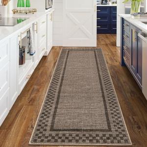 Rug Runners for Hallways 2x8 Washable Kitchen Runner Rug Non Slip Low Pile Bedside Throw Carpet Modern Bordered Bathroom Runners Checkered Area Rug for Living Room Bedroom Entryway Nursery, Brown