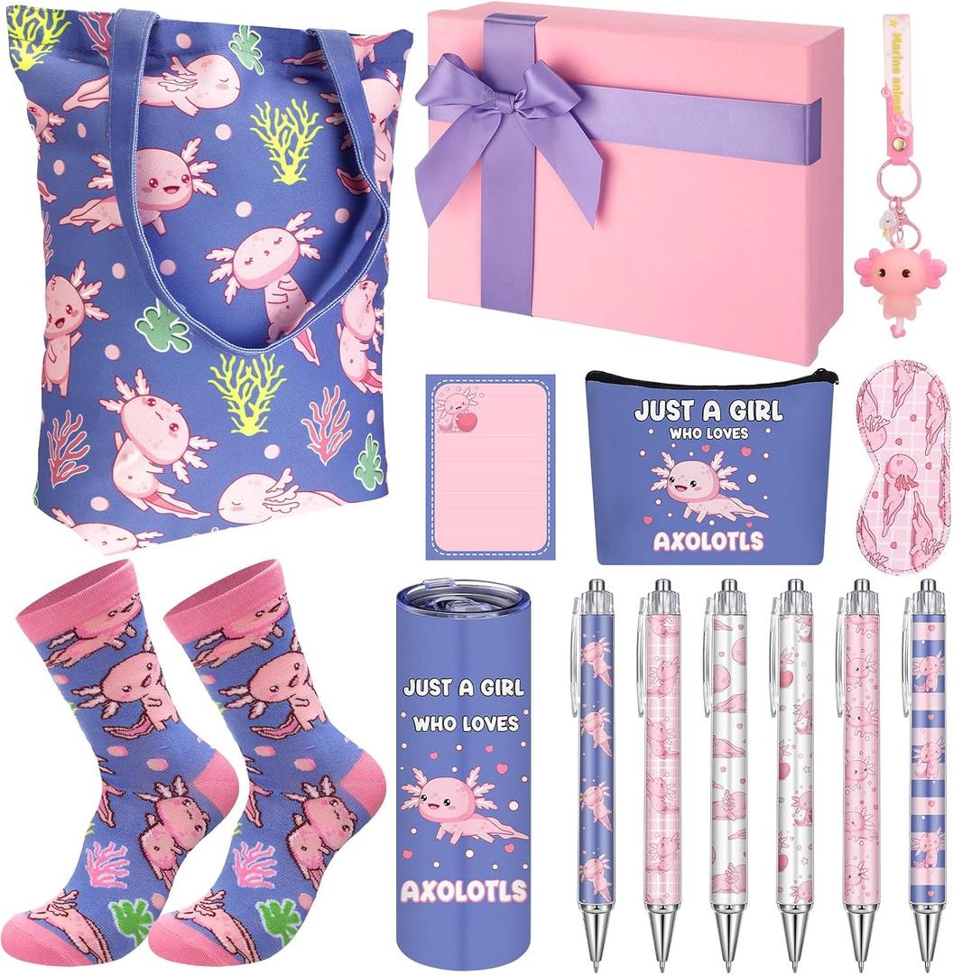 Wonderjune 14 Set Axolotl Lover Gifts Set, Kawaii Gift Basket for Axolotl Lovers Women Including Tote Bag, Tumbler, Makeup Bag, Socks, Birthday Graduation