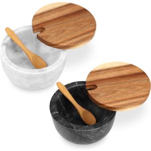 Salt Cellar Box with Lid & Spoon, Modern White Stone Salt or Pepper Sugar Spice Seasoning Bowl Container Jar Holder Well Keeper Dish Pig Crock for Kitchen (Marble Bowl Set)