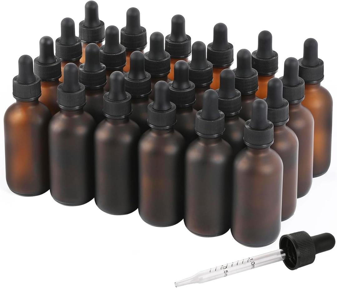 NOOEEISS 24 Pack, 2oz Glass Dropper Bottle, Preety Texture Tincture Bottles with Precise Scales Eye Droppe, for All Kinds Of Mixed Liquids,Leak-Proof Design for Easy Travel (Amber Frosted)