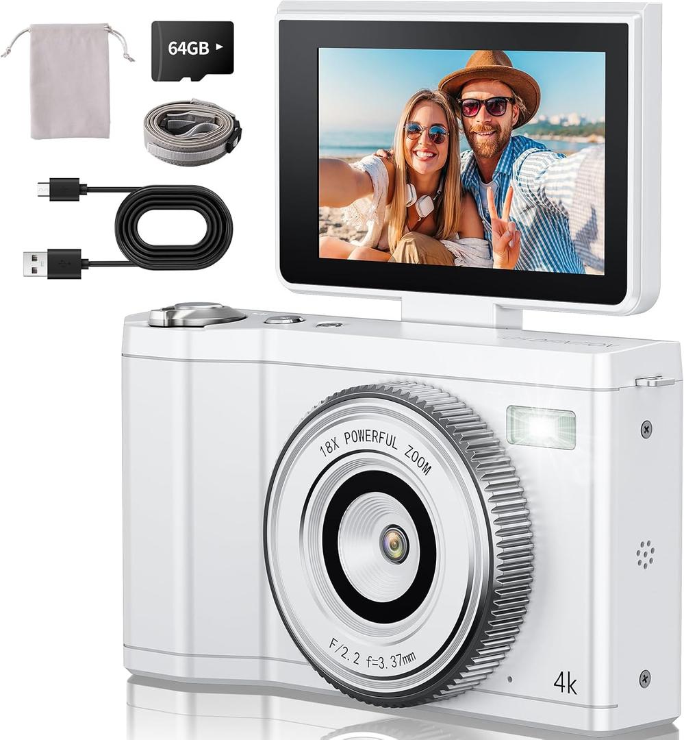4K Digital Camera for Photography 64GB Sd Card 64MP Autofocus Anti-Shake Vlogging Camera for YouTube with 3" 180Hd Flip Screen 18x Digital Zoom 2000 mah Battery (White)