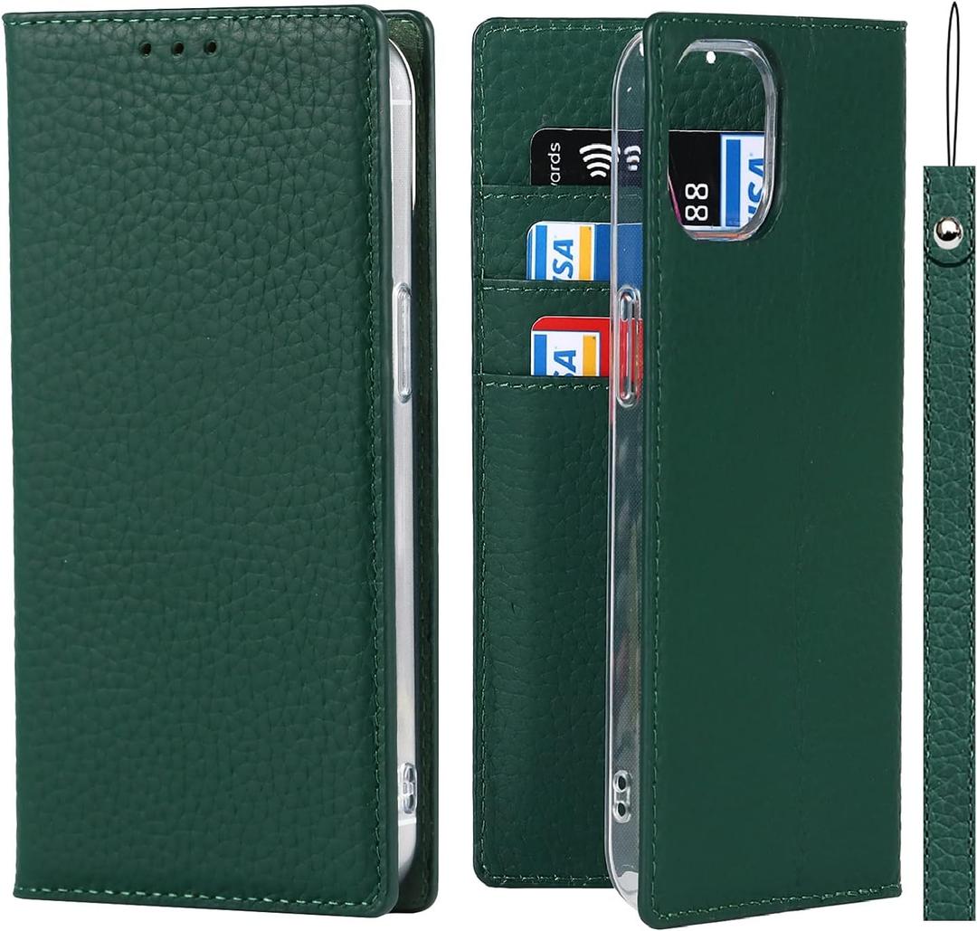 iCoverCase Compatible with iPhone 13 Wallet Case, RFID Blocking Genuine Leather Magnetic Case with Wrist Strap and Card Slots Kickstand Feature Flip Cover 6.1 Inch (Green)