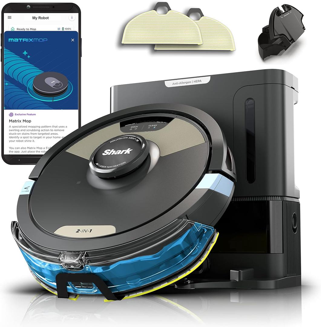 Shark Matrix Plus | 2-in-1 Robot Vacuum & Mop for Carpets & Hard Floors | Sonic Mopping & Powerful Suction for Pet Hair | Self-Empty Base | 60-Day Capacity | HEPA | LiDAR Nav | Black/Gold | AV2610WA