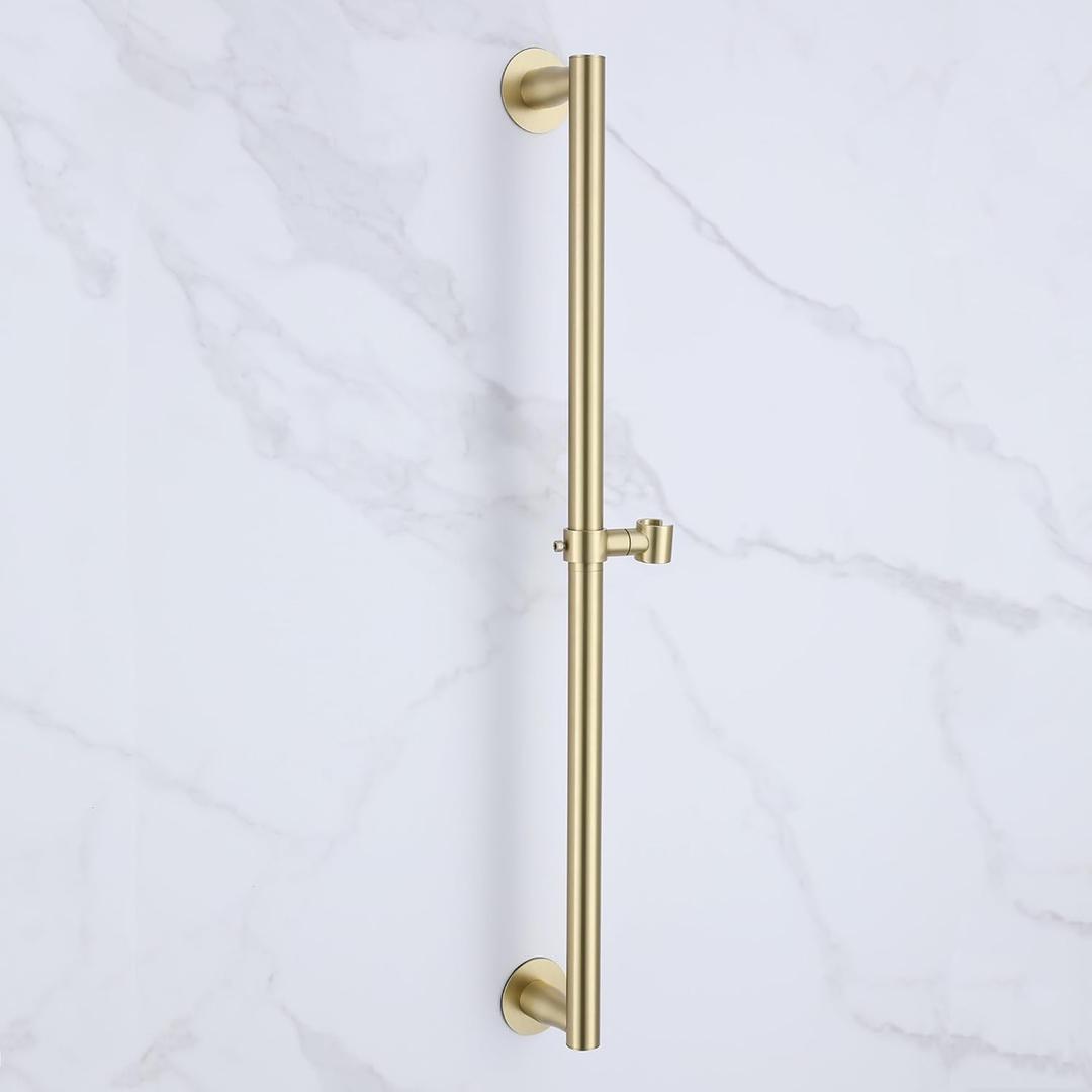 RRAJJ Shower Slide bar That is Installed by pasting or Punching HolesAdjustable Height 28 inch of All SUS304 Stainless Steel Shower Head Holder(All Stainless Steel-Brushed Gold)