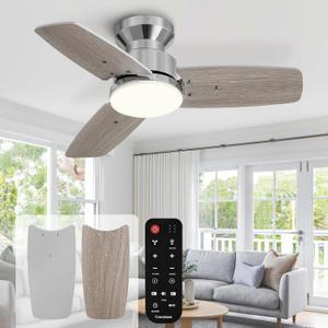 42 Inch Ceiling Fans with Lights and Remote, Bedroom Living Room Office, Flush Mount, 3CCT Dimmable, Dual Color 3 Blades 6 Speed Reversible Quiet DC Motor, Chrome-Plated/Wood Grain (CP-WD)