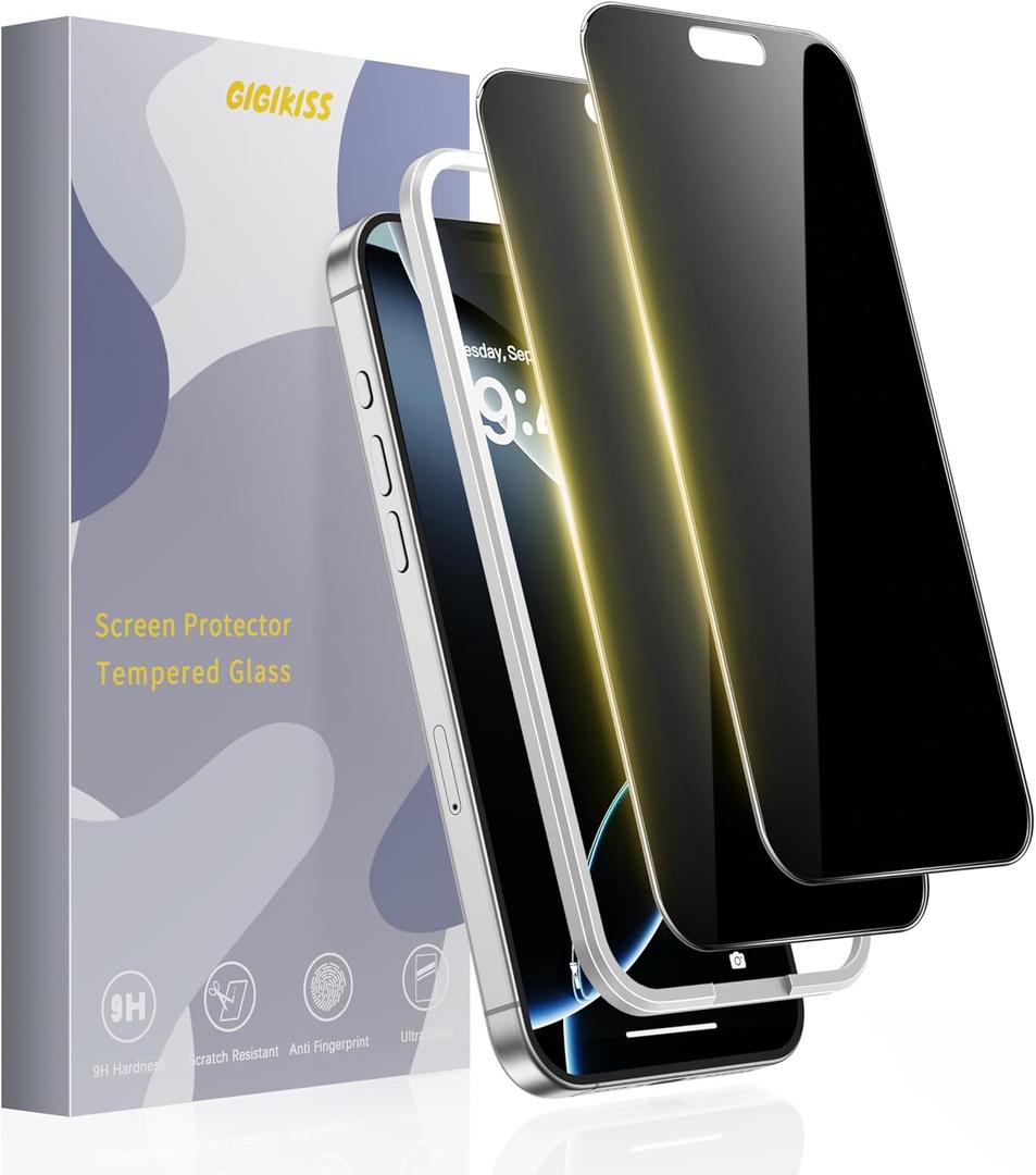 GIGIKISS Compatible for iPhone 16 Pro Max Privacy Screen Protector 6.9 inch, Anti Spy Anti Blue Light HD Tempered Glass Screen Protector Easy Installation, Case Friendly, 2 Pack Black