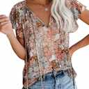 SimpleFun Women's Boho Tops Floral V Neck Short Sleeve Summer Blouse Shirts (Beige, S)
