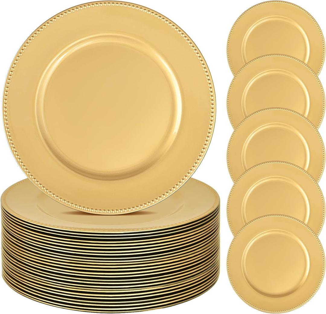24 Pcs Gold Charger Plates Bulk, 13" Round Beaded Plate Chargers for Dinner Plates, Decorative Dinner Chargers Plastic Table Chargers for Wedding Holiday Party Baby Shower Event Decoration (Gold)