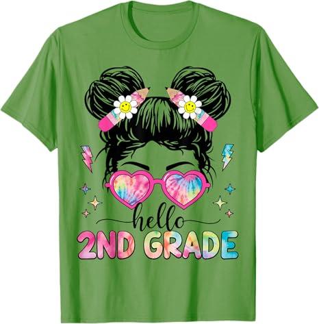 Hello 2nd Grade Messy Bun Girl Back to School First Day T-Shirt, S, Grass Green