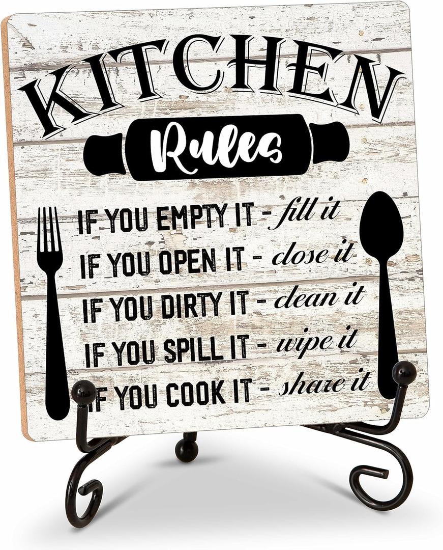 Rustic Wood Plaque with Stand - Kitchen Decor - Kitchen Rules Wood Sign - Idea Wooden Decor for Home Living Room Dining Room Shelf Table Decoration (31)