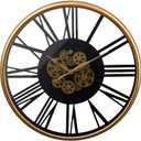 32in Large Wall Clock with Exposed Gears, Silent Roman Numeral | Non-ticking vintage industrial metal frame clock, moving gears, battery operated, decor for living room