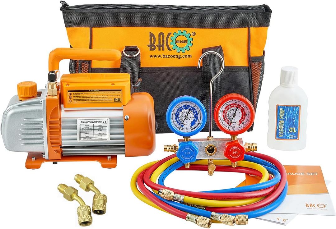 BACOENG 3.6CFM AC Vacuum Pump and Gauge Set - Home Mini Split Vacuum Pump Kit for R410A Refrigerants - w/ R410a Mini Split Adapter & 3x5FT Hoses