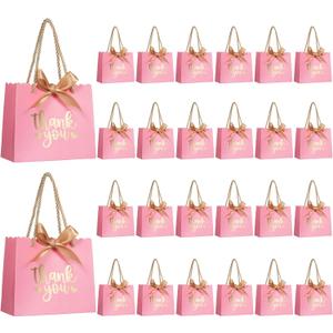 Pack of 50 Small Thank You Gift Bags with Handles, Pink Mini Party Favor Bags 5.5''x 2.5''x4.7'', Mini Gift Bags Bulk with Bow Ribbon for Valentine's Day, Bridal, Wedding, Baby Shower