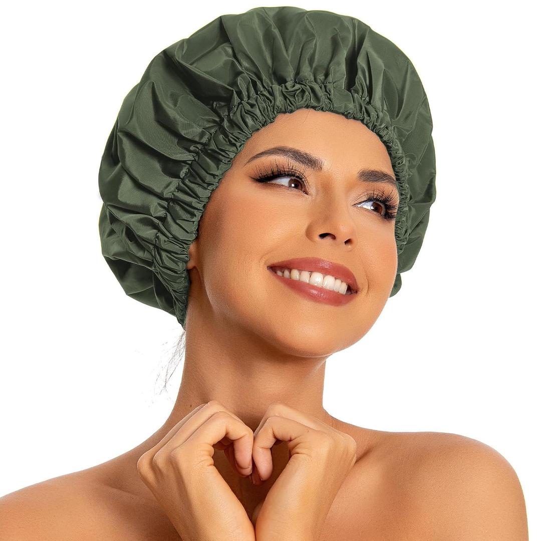 Reusable Shower Cap for Women, Large Waterproof Shower Bonnet Washable Elastic Band Bath Hair Hat for Long Hair, Braids (Green)