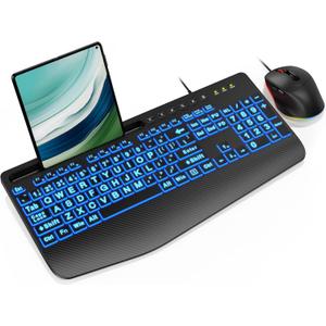 Wired Keyboard Mouse Combo - Large Print Backlit, Ergonomic Wrist Rest, 6 DPI RGB for PC/Windows - Ideal for Seniors, Students, Office and Home SABLUTE KM21Pro