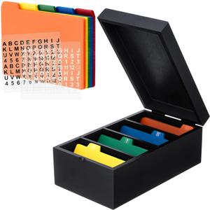 Henoyso 5 x 8 Inch Index Card Holder Set, Bamboo Organizer Box with 50 Dividers & 2 Sheets Alphabet Number Stickers File Note Holders, Holds 1200 Cards for Office Business Home Kitchen, Black