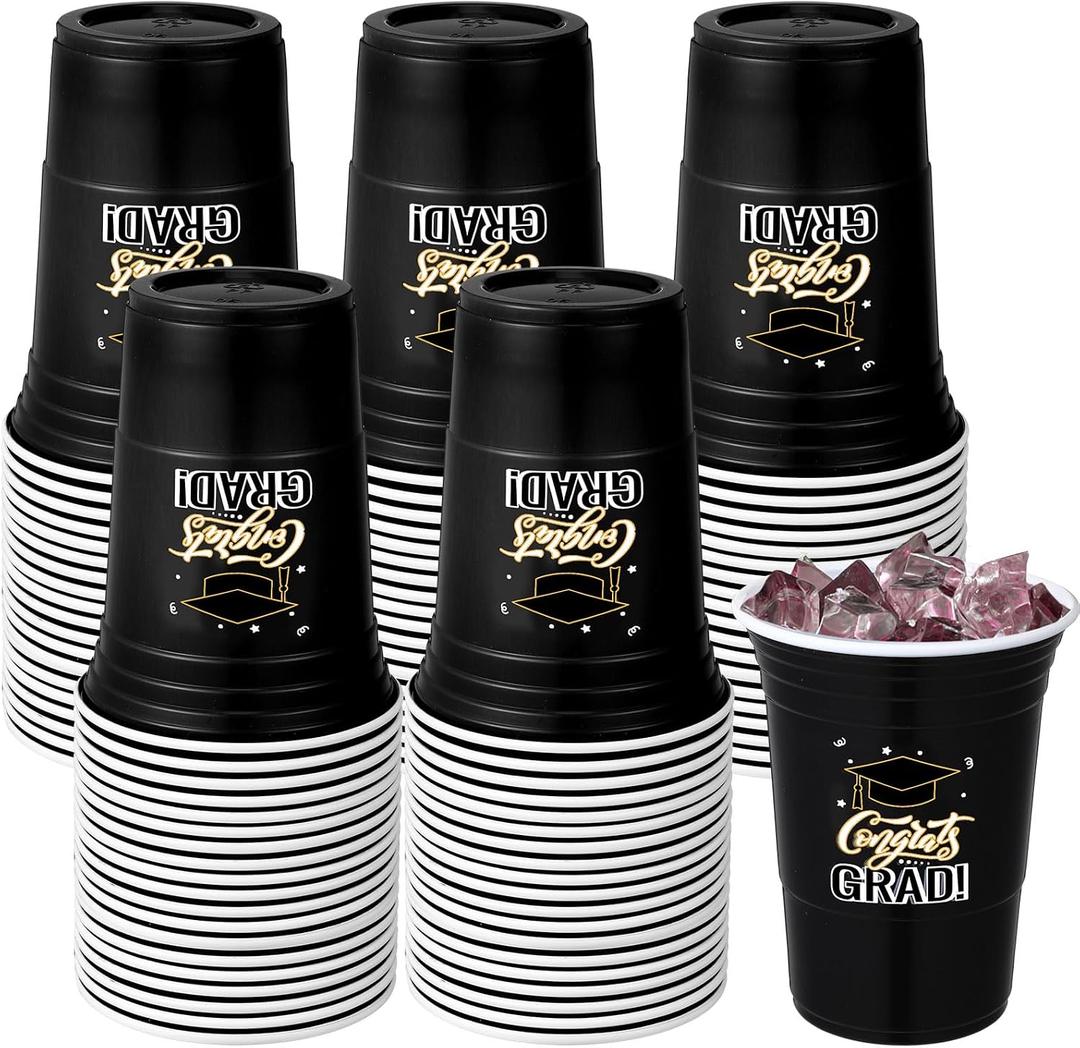 Ziliny 50 Pack Graduation Cups Bulk 16 oz Congrats Grad Cups 2026 Disposable Plastic Hot Cold Beer Beverage Drinks for School Graduation Party Decorations (Black)