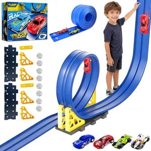 Flexible Race Track for Kids 3-5 Year Old, 15ft Flex Car Tracks for Toddlers with 2 Pull-Back Cars & 2 Alloy Cars, Portable Roll Up Racing Car Tracks, Birthday for Boys Girls