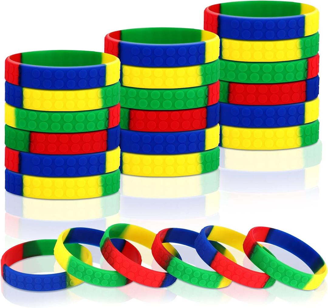 48 Pack Color Brick Party Favors Kids Silicone Bracelet Building Block Wristbands Party Supplies for Boys Girls Birthday Party Stuffing