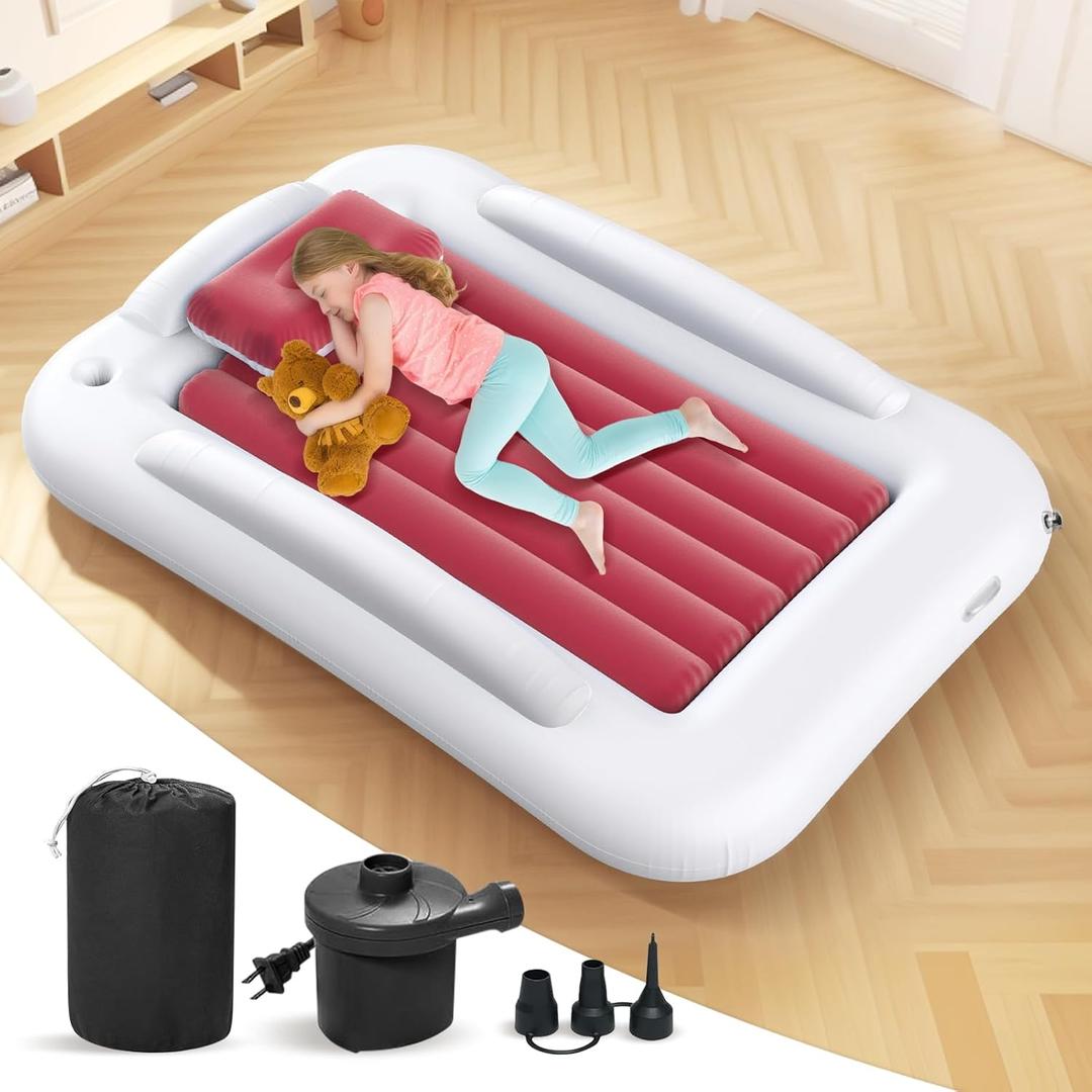 Inflatable Toddler Travel Bed - 60 Inches Portable Toddler Bed for Travel with Safety Sides - Cozy Kids Air Mattress Set with High-Speed Pump & Carry Case - Lightweight & Easy to Inflate(Pink)