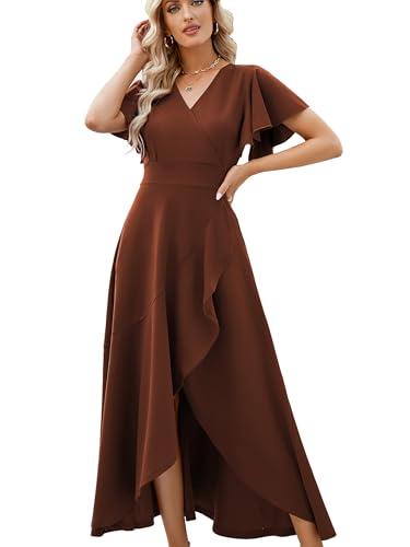 Formal Dresses for Women,Gowns Evening Party Cocktail Dress,Long Split Elegant V Neck Wrap Ruffle Wedding Guest A-line Dresses Deep Coffee Brown-S