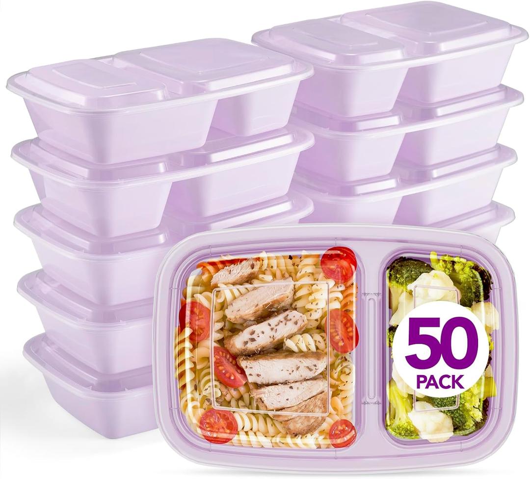 Glotoch 50 Pack Purple Meal Prep Containers Reusable 2 Compartments, Glotoch 32OZ to Go Containers for Food, Disposable Plastic Food Containers with Lids for Microwave Dishwasher Freezer Safe