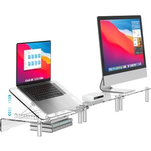 RQUOIRE Ergonomic Acrylic Dual Monitor Stand with Adjustable Laptop Riser, Compatible with Desktop, Printer, TV and More Devices,Monitor Riser Holder Suitable for 2 Monitors (Clear)