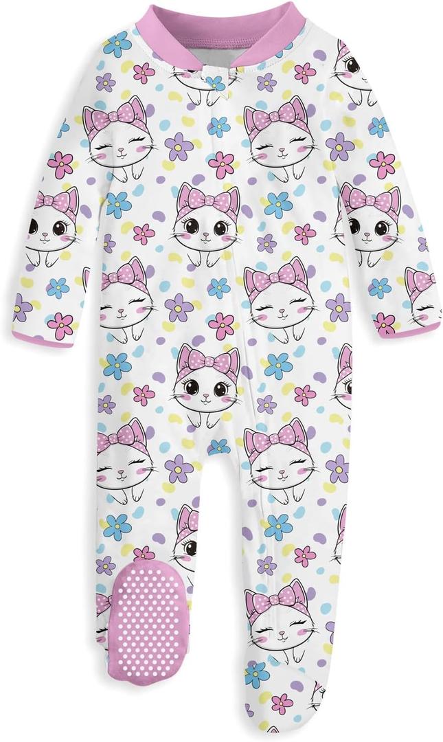 uideazone Baby Girls Footed Pajamas Zip-Front One-Piece Sleeper Non-Slip Footie Cute Pattern Jumpsuit PJs 0-12 Month (6-9 Months, Pink Cat)