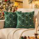 AQOTHES Christmas Tree Decorative Green Throw Pillow Covers 18x18 Set of 2, Faux Fur Farmhouse Throw Pillows Cushion Cases for Xmas Winter Holiday Home Decor