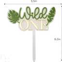 Wild One Acrylic Cake Topper, Double Layer Design with Tropical Leaves, White and Green with Gold Letters, 6.2 x 5.5 Inch