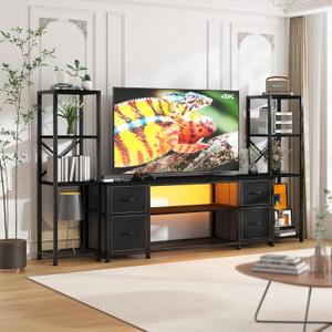 LED TV Stand 60 Inch for Living Room with Charging Station, Farmhouse Entertainment Center with 2 Industrial Bookshelves, Modern Console Cabinet with Storage Drawers (Black)