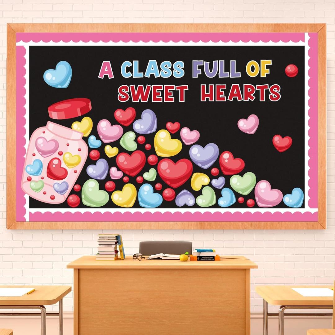 88Pcs Valentines Day Bulletin Board Set Pink Heart Bottle Classroom Decorations Conversation Heart Paper Cutouts for Romantic Classroom Home Window Door Wall Decorations Party Supplies