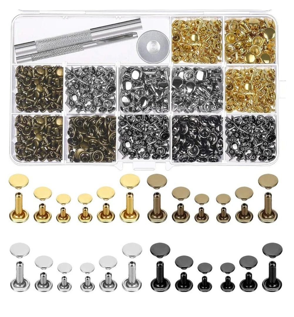 Selizo 480 Sets Small Double Cap Leather Rivets 4 Colors 3 Sizes (Cap Diameter: 6mm/8mm/8mm) Tubular Metal Studs with 3 Pieces Setting Tool Kit for Leather Craft Repairs Decoration