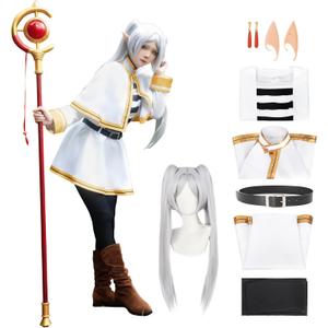 Anime Cosplay Elf Dress Fern Costume Wizard Skirt Halloween (Medium, White+wigears)
