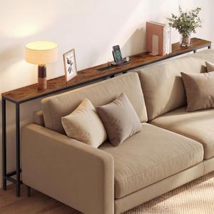 VASAGLE 78.8" Console Table, Narrow Behind Couch Table with Outlet | Sofa Tables with 2 Hooks, for Entryway, Living Room, Easy Assembly, Rustic Brown and Ink Black, BARNET Collection ULNT077K101