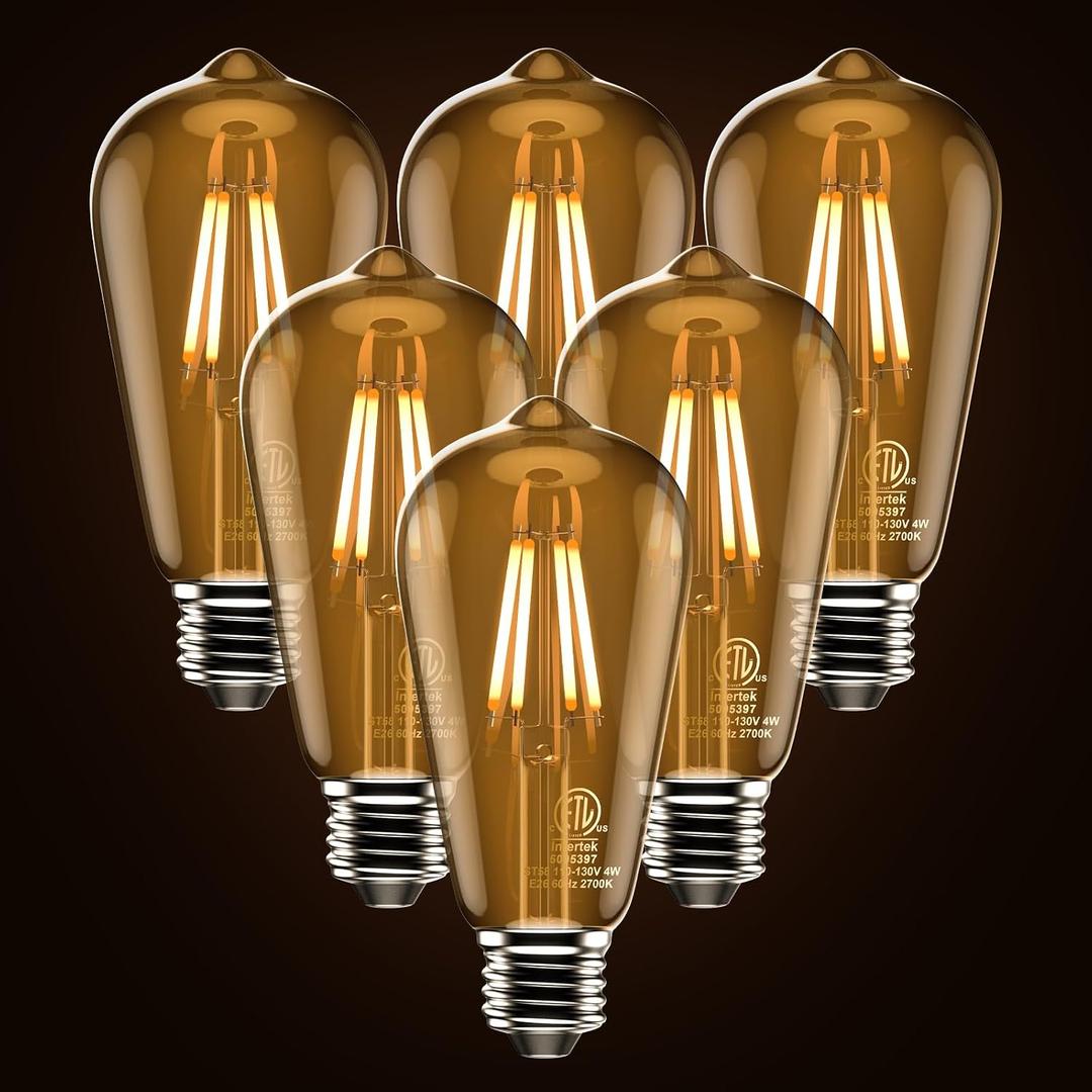 ASOKO ST58 Antique LED Filament Light Bulbs, LED Dimmable Edison Light Bulbs 4W, 2700K Warm White (Amber Glass) E26 Base Pack of 6