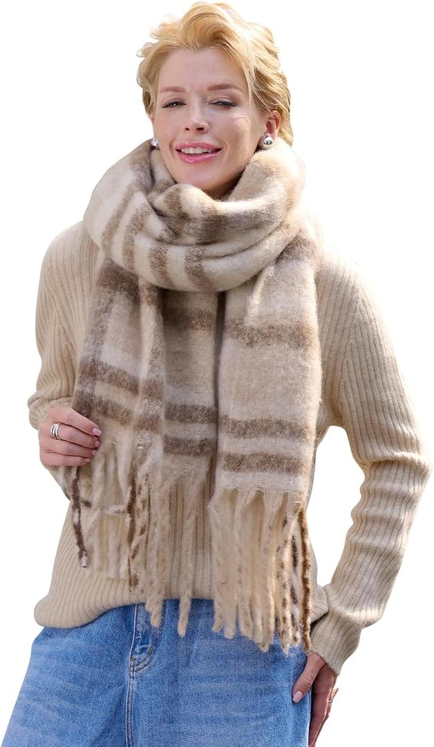 MissShorthair Oversized Chunky Blanket Scarf for Women Winter Warm Colorful Big Scarfs Plaid Thick Scarves Soft Fluffy Shawl (Beige and Brown Plaid)