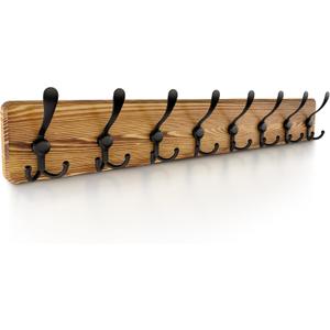 Rustic Coat Rack, 30.7 Inch Long Solid Pine Brown Wood Wall Rack with 8 Heavy Duty Tri Hooks for Hanging Coat, Towels, Hat, Jacket - 1 Pack