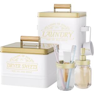 BSSN Laundry Pods Container with Dryer Sheet Holder  White Farmhouse Metal Storage Set Holds 150 Pods + 300 Sheets, Glass Soap Dispenser and Toothbrush Holder  Laundry Room Organization and Storage
