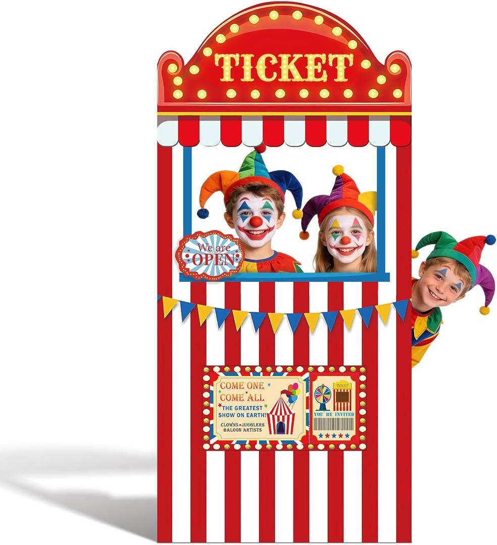 5.6 Ft Carnival Ticket Booth Photo Prop Circus Theme Party Stand Up Cardboard Cutout Large Circus Birthday Backdrop Decorations for Carnival Game Supplies Spring School Events