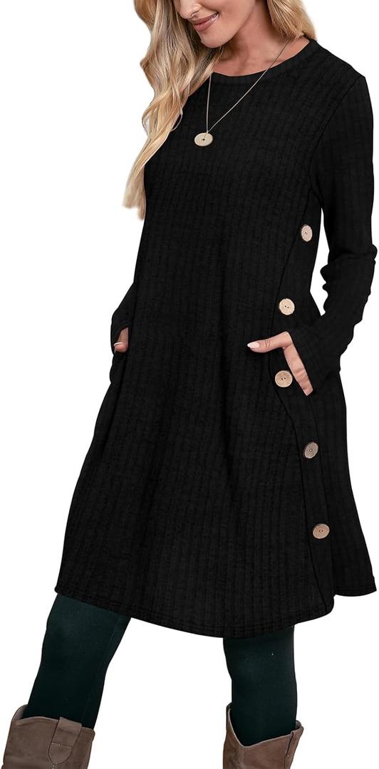 OFEEFAN Fall and Winter Tunic Dress with Pockets Long Sleeve Crew Neck Buttons Side (Small, Ribbed Black)