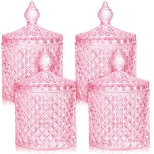 Aoriher 3 Pcs Crystal Glass Candy Jar Set with Lids Home Decorative Storage Jars for Apothecary, Bathroom, Kitchen, and Pantry, Ideal for Cotton Swabs and Jewelry (Large,Pink)