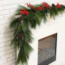 6ft Christmas Long Needle Pine Garland Realistic Norfolk Pine Garland with Pinecones Red Berries Artificial Real Touch Greenery Xmas Decor for Indoor Outdoor Mantel Dining Table Stair