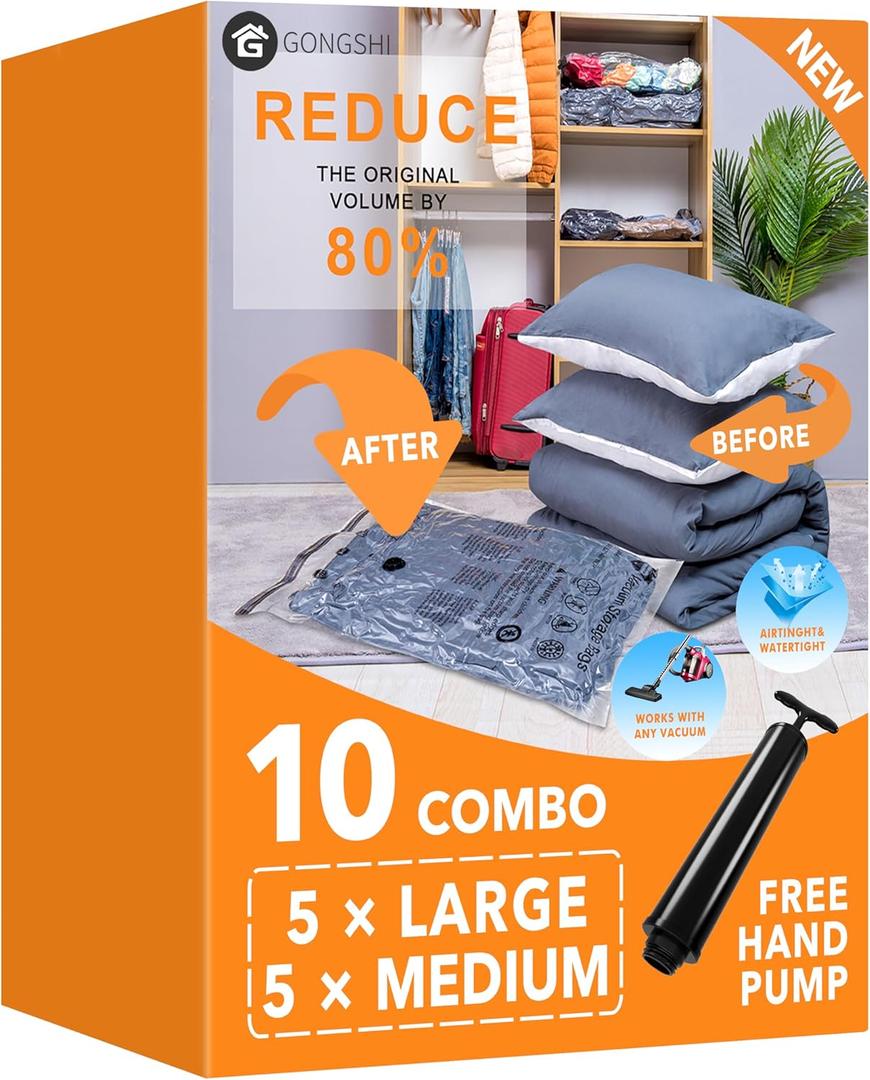 GONGSHI Vacuum Storage Bags, Space Saver Seal Bags For Clothing, Travel Luggage,Blankets, Comforters, Pillows, Clothes Storage.5 Large 5 Medium