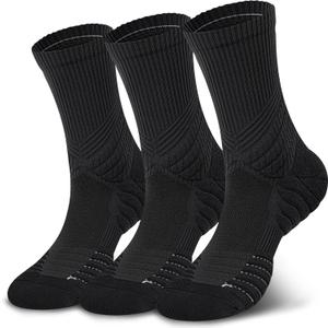 Hylaea Compression Running Socks for men, Coolmax Anti-Blister Cushion Crew Socks for Athletic, Moisture Wicking & Seamless (Large, Black 3 Pairs)