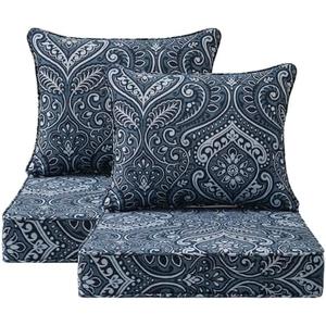 Unimatta Outdoor Patio Chair Cushions Set, 24" x 24", Set of 2, Water-Repellent, Fade Resistant, Deep Seat Bottom and Back Cushion for Backyard, Couch, Sofa and Patio Furniture, Damask Blue Flower