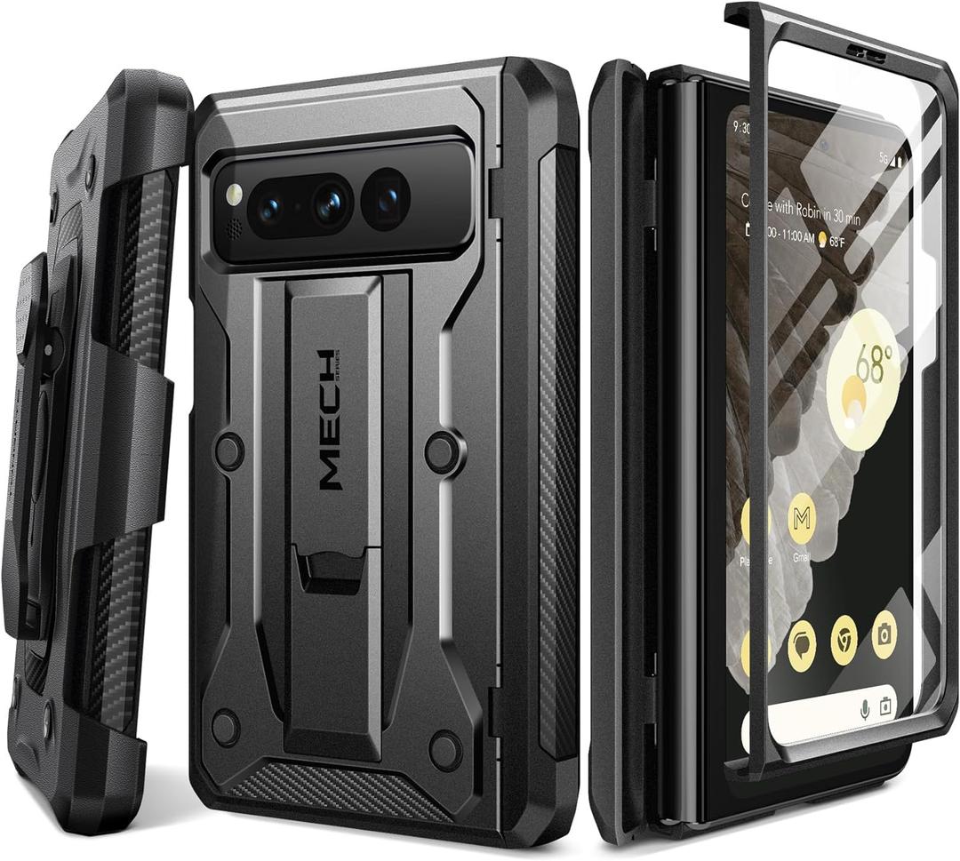 Tongate for Google Pixel Fold Case(2023), [Bulit-in Screen Protector] [Hinge Protection] Military Grade Dual Layer Shockproof Rugged Phone Case with Kickstand & Belt Clip for Pixel Fold 5G, Black